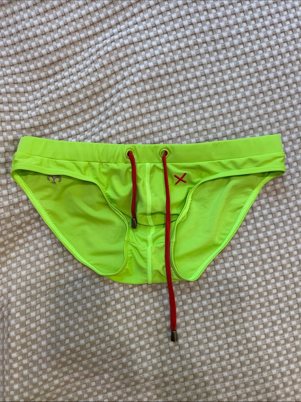 Men's Neon Lime Swim Brief with Red Drawcord